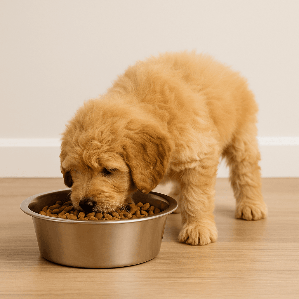 Cute puppy eating from a food bowl - puppy feeding schedule guide