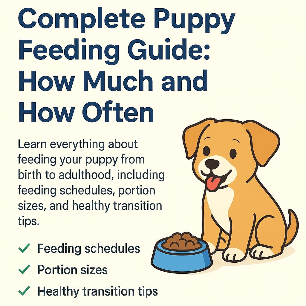 Complete puppy feeding guide showing different puppy breeds eating from bowls with feeding schedule chart and nutritional guidelines for healthy puppy development